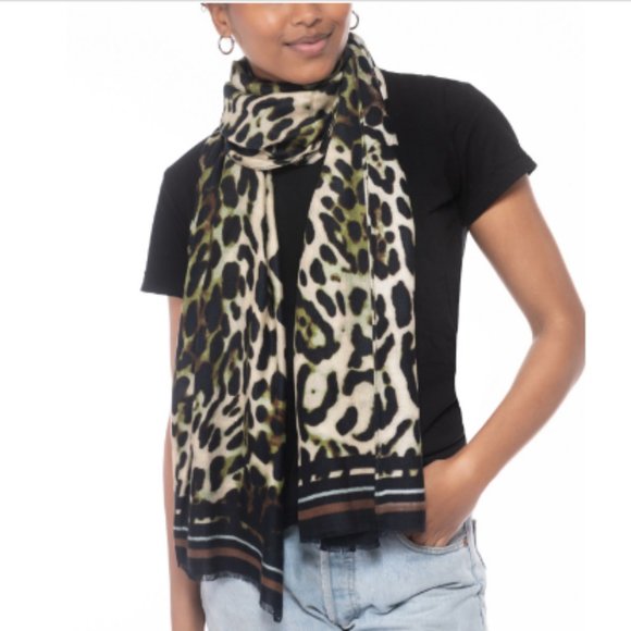 INC International Concepts Striped Leopard-Print Wrap Olive Cream multi … - Picture 2 of 5